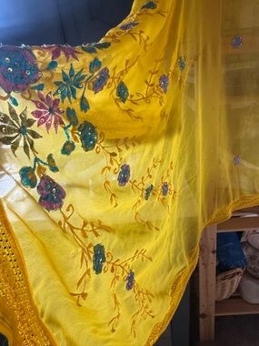 Unbranded Yellow Table cloth 40x84”  vintage India Embroidered floral Wrap